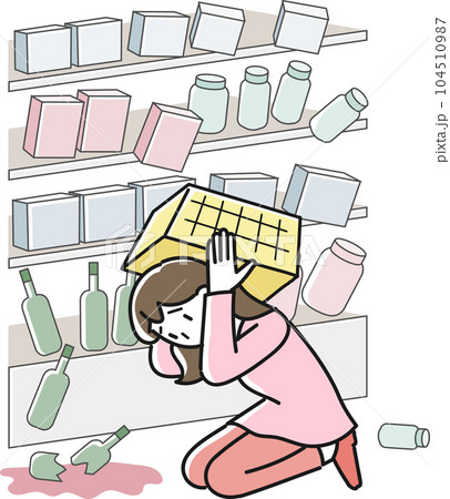 買い物中に地震が起きてカゴで落下物から頭を守る女性 104510987