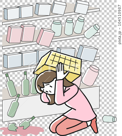買い物中に地震が起きてカゴで落下物から頭を守る女性 104510987