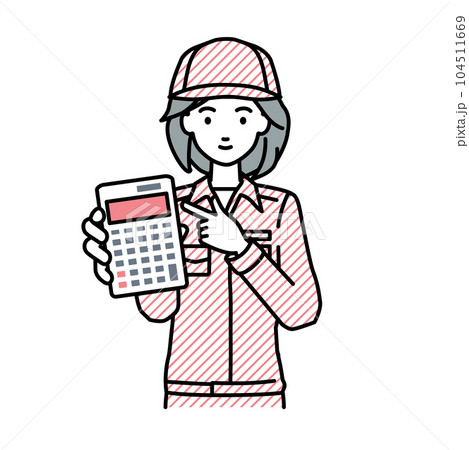 立って電卓を指差してこちらに向けて見せている作業員の女性 立って電卓を指差してこちらに向けて見せている作業員の女性 104511669