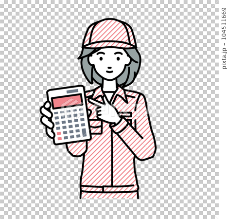 立って電卓を指差してこちらに向けて見せている作業員の女性 立って電卓を指差してこちらに向けて見せている作業員の女性 104511669