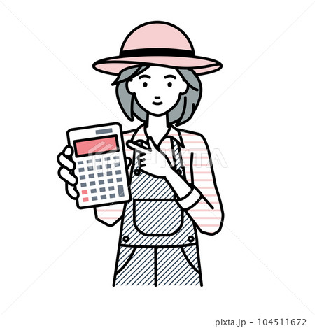 立って電卓を指差してこちらに向けて見せている農家の女性 104511672