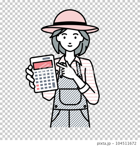 立って電卓を指差してこちらに向けて見せている農家の女性 104511672
