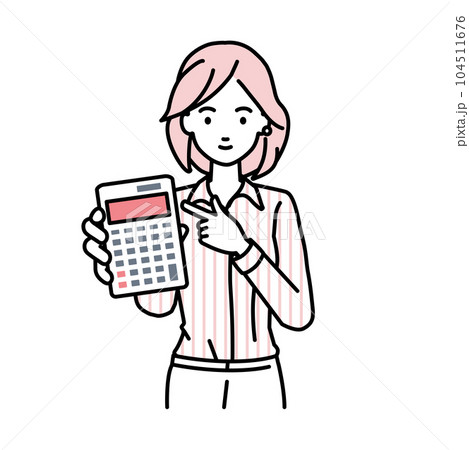 立って電卓を指差してこちらに向けて見せているシャツの女性 104511676