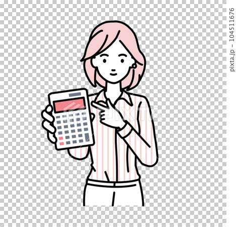 立って電卓を指差してこちらに向けて見せているシャツの女性 104511676