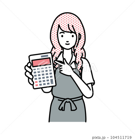 立って電卓を指差してこちらに向けて見せているエプロンをした店員の女性 104511719