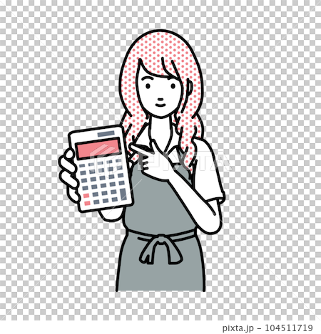 立って電卓を指差してこちらに向けて見せているエプロンをした店員の女性 104511719