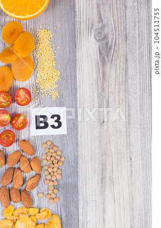 Nutritious food containing natural niacin and vitamins or minerals. Healthy eating. Place for text Nutritious food containing natural niacin and vitamins or minerals. Healthy eating. Place for text 104511755
