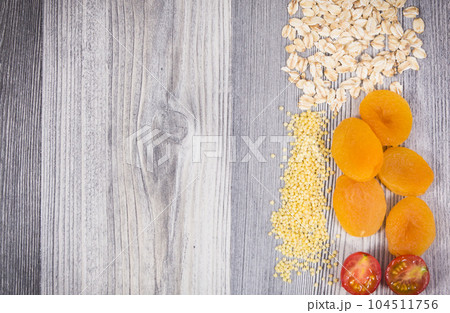Nutritious food containing natural niacin and vitamins or minerals. Healthy eating. Place for text Nutritious food containing natural niacin and vitamins or minerals. Healthy eating. Place for text 104511756