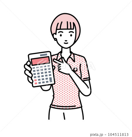 立って電卓を指差してこちらに向けて見せているポロシャツの女性 104511813