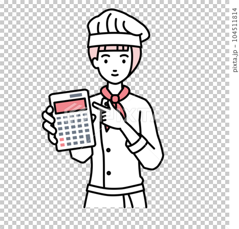 立って電卓を指差してこちらに向けて見せている調理師の女性 104511814