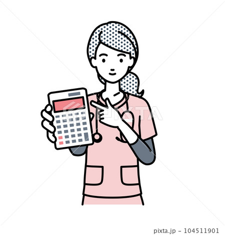 立って電卓を指差してこちらに向けて見せている看護師の女性 立って電卓を指差してこちらに向けて見せている看護師の女性 104511901