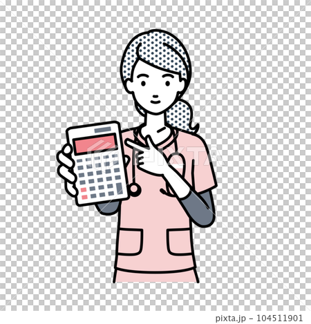 立って電卓を指差してこちらに向けて見せている看護師の女性 立って電卓を指差してこちらに向けて見せている看護師の女性 104511901