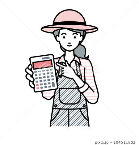 立って電卓を指差してこちらに向けて見せている農家の女性 立って電卓を指差してこちらに向けて見せている農家の女性 104511902