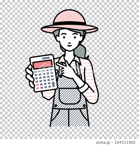 立って電卓を指差してこちらに向けて見せている農家の女性 立って電卓を指差してこちらに向けて見せている農家の女性 104511902