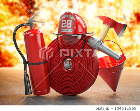 Firefighter equipment and tools on fore background. Fire hose, fire hat, extinguisher and axe, symbols of firefighter profession. Firefighter equipment and tools on fore background. Fire hose, fire hat, extinguisher and axe, symbols of firefighter profession. 104511969