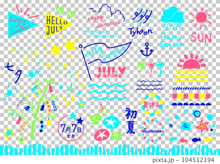 7月の夏イベント手描きイラストセット：七夕・梅雨・夏休み・朝顔の