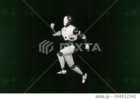 Futuristic world robots are running. Presentation of technology with robots. 3d rendering action of robot. Futuristic world robots are running. Presentation of technology with robots. 3d rendering action of robot. 104512342