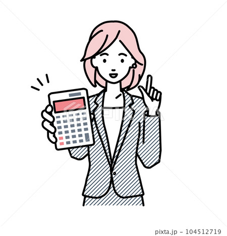 立って電卓を持ってこちらに向けて見せているスーツの女性 104512719