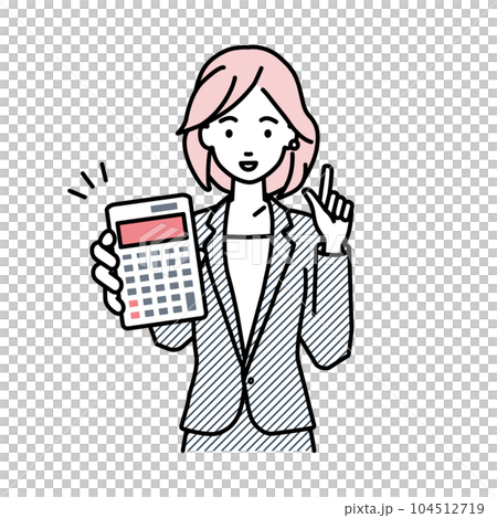 立って電卓を持ってこちらに向けて見せているスーツの女性 104512719