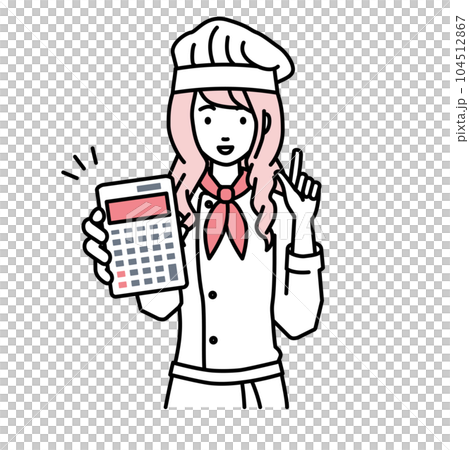 立って電卓を持ってこちらに向けて見せている調理師の女性 104512867
