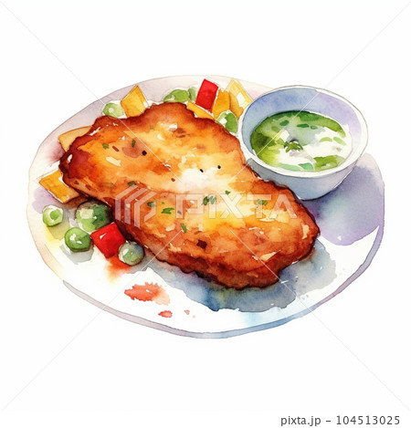 チキンステーキの水彩画　AI画像 104513025