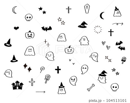イラスト素材:手書きのシンプルなかわいいハロウィンのイラストセット イラスト素材:手書きのシンプルなかわいいハロウィンのイラストセット 104513101