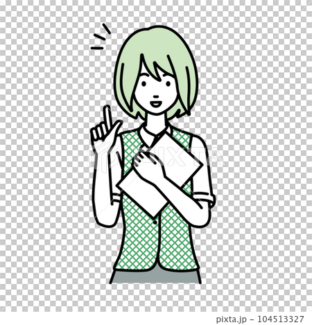 立って書類を手に持って何かひらめいた事務員制服の女性 104513327