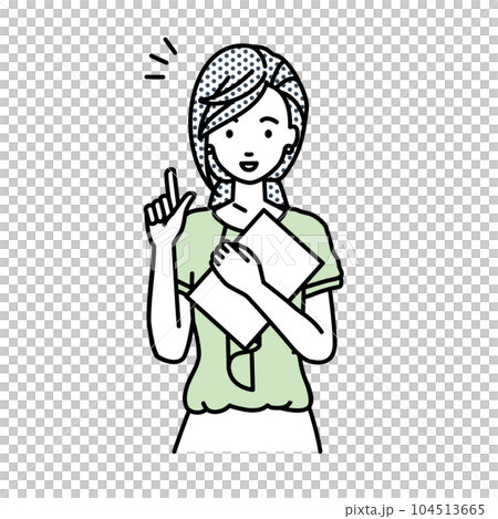 立って書類を手に持って何かひらめいた教師の女性 立って書類を手に持って何かひらめいた教師の女性 104513665