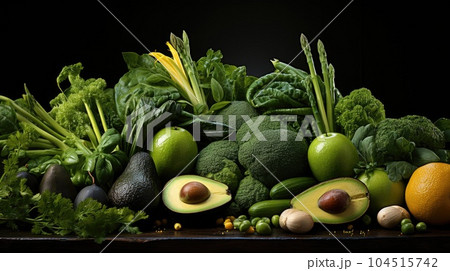 Various green vegetables and fruits. Various green vegetables and fruits. 104515742