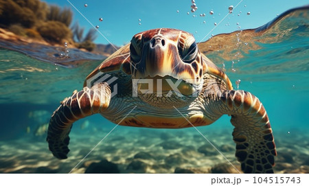 Hawaiian Green Sea Turtle swimming underwater. 104515743