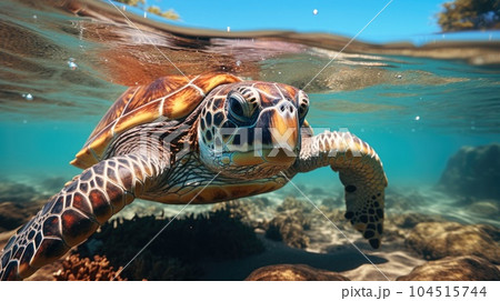 Hawaiian Green Sea Turtle swimming underwater. 104515744