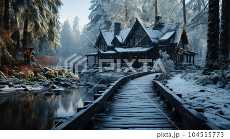 Wooden house in the forest covered in snow during winter. 104515773