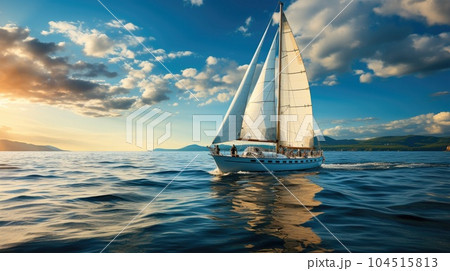 Yacht and blue water ocean, Sailing luxury yacht at open sea at sunny day. 104515813