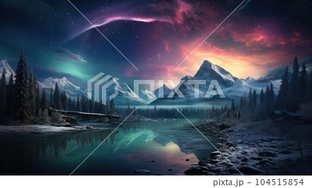 Fantastic winter landscape with wooden house in snowy mountains and northern light in night sky. 104515854