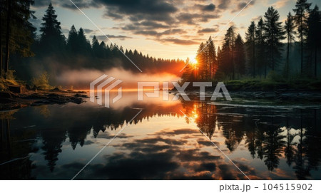 Foggy dawn on a forest lake. First sunbeams in the fog. Foggy dawn on a forest lake. First sunbeams in the fog. 104515902