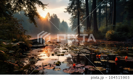 Foggy dawn on a forest lake. First sunbeams in the fog. Foggy dawn on a forest lake. First sunbeams in the fog. 104515903