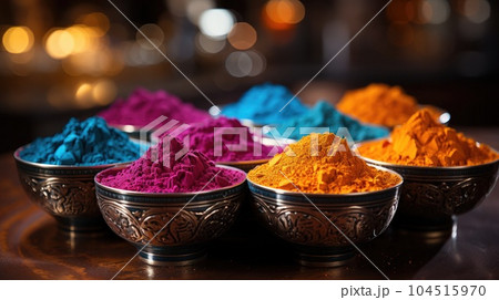 Gulal colors in bowl for celebrating Indian Holi festival. 104515970