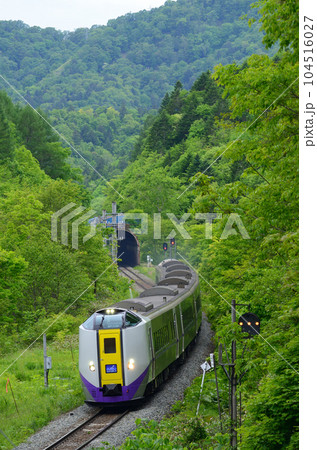 緑あふれる山々に囲まれたオサワ信号場を通過した特急「おおぞら」 104516027