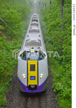 雨が降りしきる石勝線を突き進む特急「おおぞら」 104516031