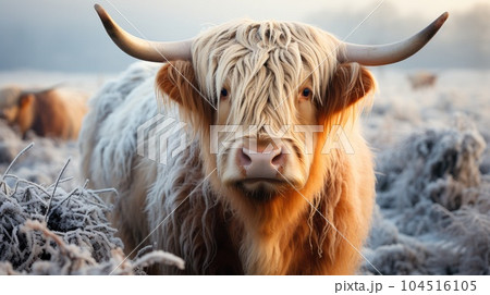 Highland cattle on a frosty in frost on a winters morning. Highland cattle on a frosty in frost on a winters morning. 104516105