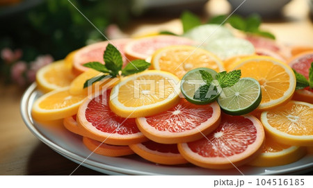 Raw citruses on plate on white background, Food and drink ingredients preparing. healthy eating theme. 104516185