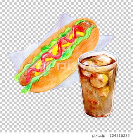 水彩イラスト　ホットドッグセット　アイスコーヒー 104516286