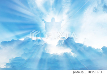 Jesus Christ In The Clouds Of Heaven blue sky background 104516316