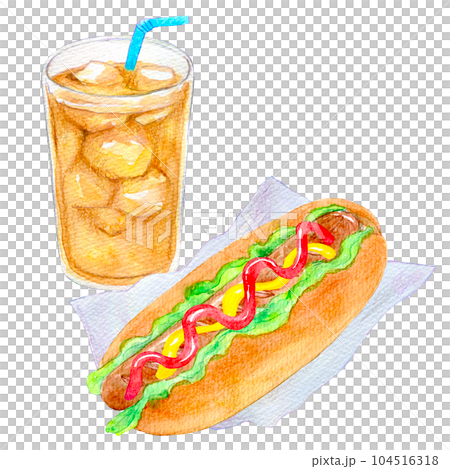 水彩イラスト　ホットドッグセット　アイスティー 104516318