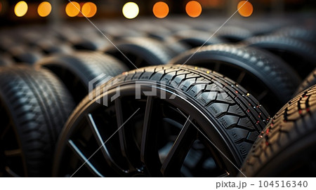 A tire store, Tire rubber products, Group of new tires for sale at a tire store. A tire store, Tire rubber products, Group of new tires for sale at a tire store. 104516340