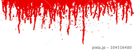 Scarlet blood drip top border isolated on white background. Red paint, wine or sauce splash on wall Scarlet blood drip top border isolated on white background. Red paint, wine or sauce splash on wall 104516480