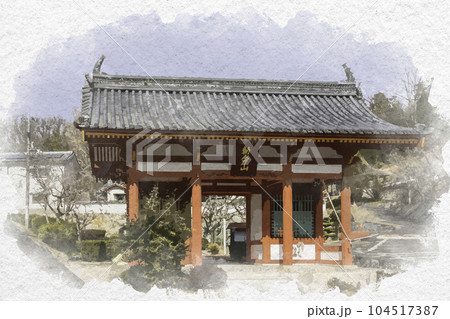 水彩画風　日応寺　仁王門　岡山県岡山市 104517387