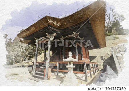 水彩画風　日応寺　番神堂　岡山県岡山市 104517389