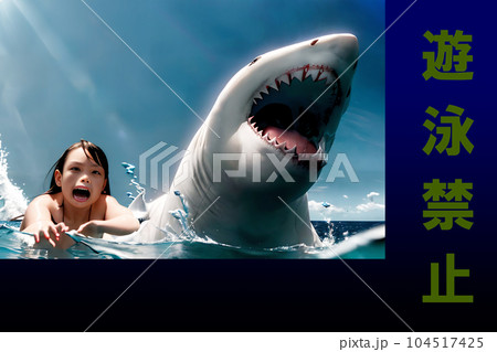 遊泳禁止ポスター／サメに襲われる遊泳者　8 104517425