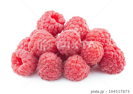 Bunch of raspberry fruits isolated on white background close up. File contains clipping path. 104517873